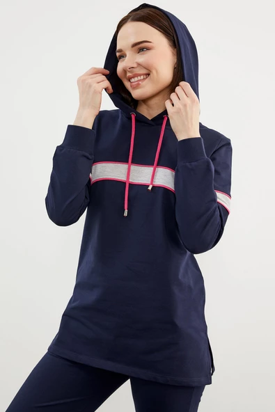 Kapüşonlu Çizgi Bloklu Eşofman Takım - Lacivert - Resim 3