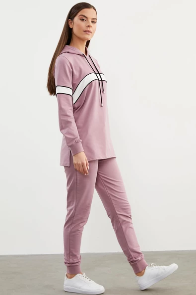 Kapüşonlu Çizgi Bloklu Eşofman Takım - Lila - Resim 4