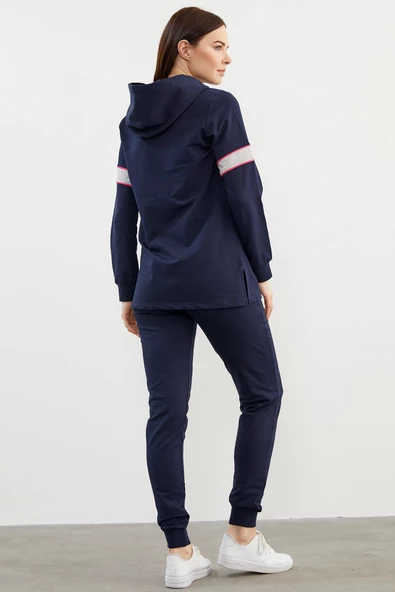 Kapüşonlu Çizgi Bloklu Eşofman Takım - Lacivert - Resim 4