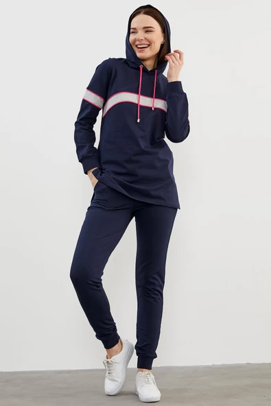 Kapüşonlu Çizgi Bloklu Eşofman Takım - Lacivert - Resim 2