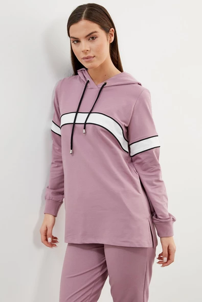 Kapüşonlu Çizgi Bloklu Eşofman Takım - Lila - Resim 5