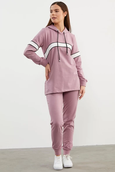 Kapüşonlu Çizgi Bloklu Eşofman Takım - Lila - Resim 3