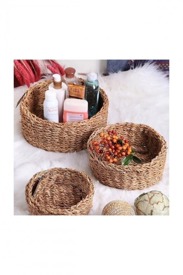 DURNES -  Yuvarlak 3lü Doğal Hasır Sepet Dekoratif Düzenleyici - 2