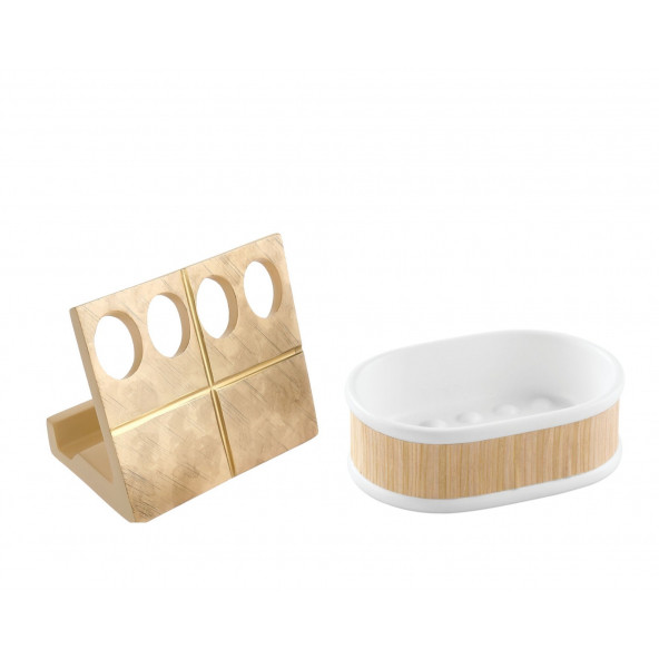 ZBOSP-C229 DİŞ FIRÇALIKSABUNLUK 2 Lİ BANYO SETİALTIN VE AHŞAP TASARIM - 2