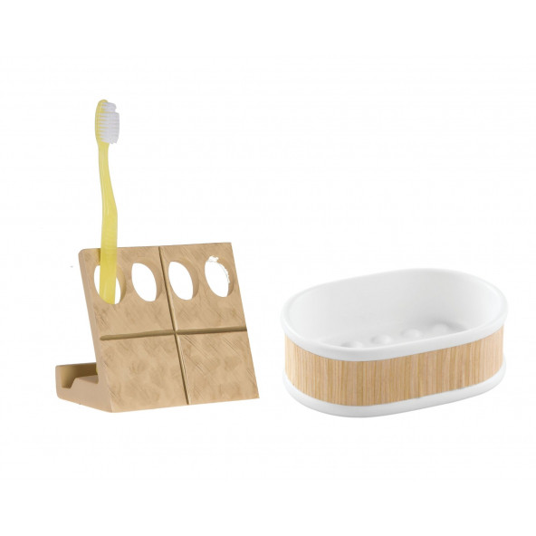 ZBOSP-C229 DİŞ FIRÇALIKSABUNLUK 2 Lİ BANYO SETİALTIN VE AHŞAP TASARIM - 4