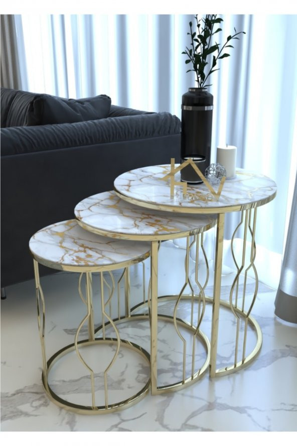 Gusto Model Gold Metal Zigon Sehpa  Kırılmaz Temperli Cam Beyaz Sarı Damar Mermer - 1