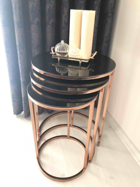 Rose Gold (bakır) Metal Zigon Sehpa Siyah Kırılmaz Cam - 3