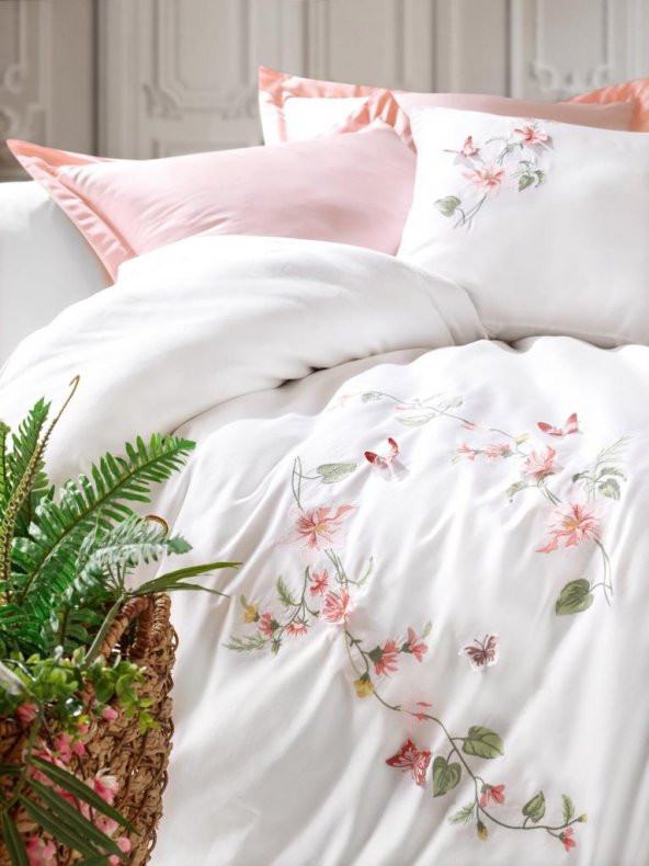 Cotton Box 3D Nakışlı Saten Çift Kişilik Nevresim Takımı Luna Pudra - Resim 2