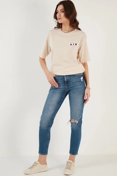 Süperlife Kadın Bisiklet Yaka Regular Fit Baskılı Tişort SPR21YK23 - 11