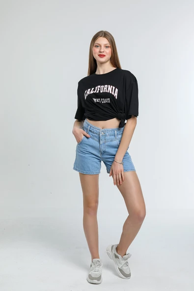 Süperlife Kadın Bisiklet Yaka Regular Fit Californıa Baskılı Tişort SPR21YK22 - 5