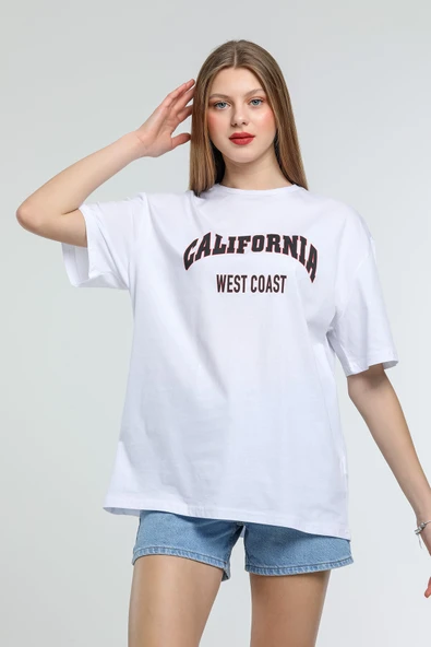 Süperlife Kadın Bisiklet Yaka Regular Fit Californıa Baskılı Tişort SPR21YK22 - 7