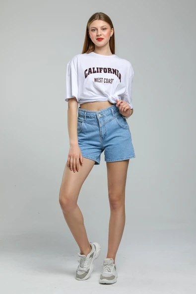 Süperlife Kadın Bisiklet Yaka Regular Fit Californıa Baskılı Tişort SPR21YK22 - 8