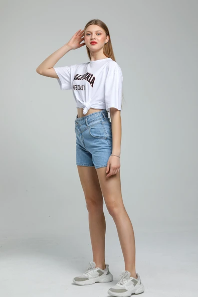 Süperlife Kadın Bisiklet Yaka Regular Fit Californıa Baskılı Tişort SPR21YK22 - 9