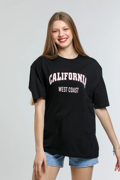 Süperlife Kadın Bisiklet Yaka Regular Fit Californıa Baskılı Tişort SPR21YK22 - 4