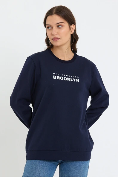 Süperlife Kadın Bisiklet Yaka Oversize Fit Brooklyn Baskılı İnce Sweatshirt SPR23SWK330 ürün görseli