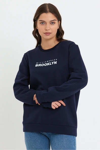 Süperlife Kadın Bisiklet Yaka Oversize Fit Brooklyn Baskılı İnce Sweatshirt SPR23SWK330 - Resim 4