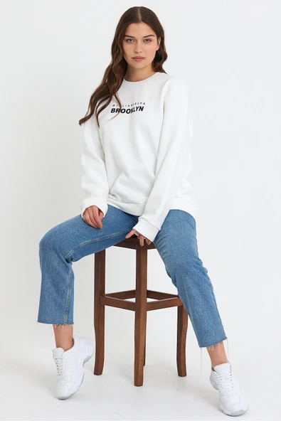 Süperlife Kadın Bisiklet Yaka Oversize Fit Brooklyn Baskılı İnce Sweatshirt SPR23SWK330 - Resim 7