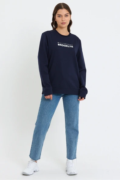 Süperlife Kadın Bisiklet Yaka Oversize Fit Brooklyn Baskılı İnce Sweatshirt SPR23SWK330 - Resim 2