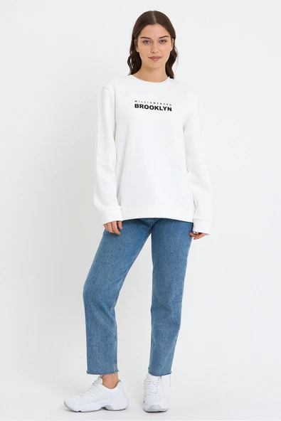 Süperlife Kadın Bisiklet Yaka Oversize Fit Brooklyn Baskılı İnce Sweatshirt SPR23SWK330 - Resim 8