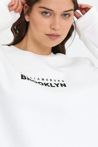 Süperlife Kadın Bisiklet Yaka Oversize Fit Brooklyn Baskılı İnce Sweatshirt SPR23SWK330 - Resim 9