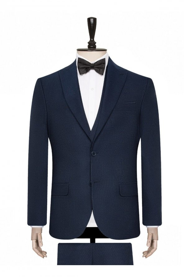 Tk1020000211 Mono Yaka Normal Bel Slim Fit Armürlü Mavi Erkek Takım Elbise - 2