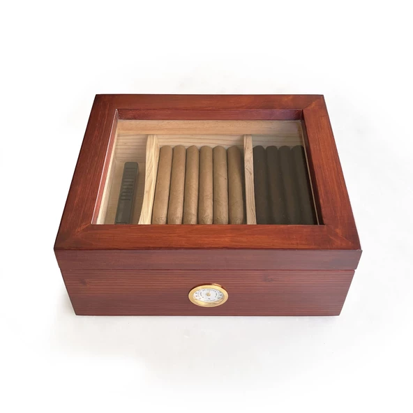 Mezmob Masif Yerli Sedir Ağacı Humidor Puro Kutusu Camlı 2 Bölmeli Analog - 2