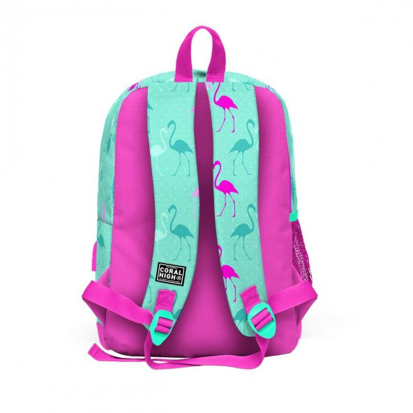 Coral High Kids Su Yeşili Neon Pembe Flamingo Desenli Dört Bölmeli USB'li Okul Sırt Çantası 23275 - 3