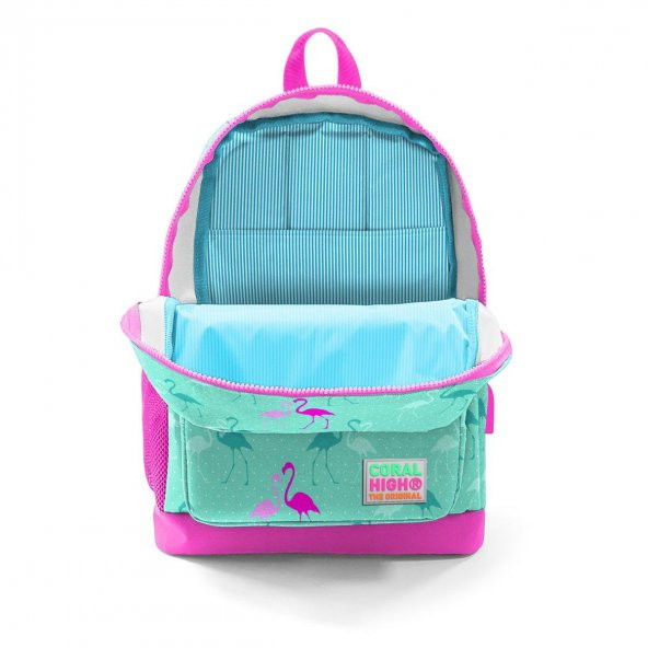 Coral High Kids Su Yeşili Neon Pembe Flamingo Desenli Dört Bölmeli USB'li Okul Sırt Çantası 23275 - 4