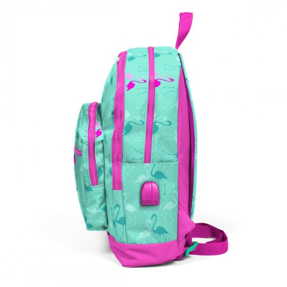 Coral High Kids Su Yeşili Neon Pembe Flamingo Desenli Dört Bölmeli USB'li Okul Sırt Çantası 23275 - 6
