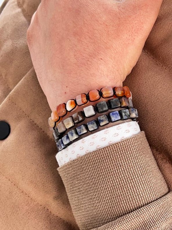 3.Lü Doğal Taş Unisex Bileklik Seti Makrome Örgülü Ayarlanabilir