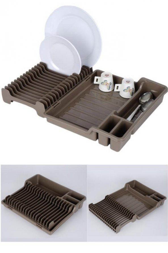 Flosoft Katlanır Bulaşıklık, Kaşıklık Bölmeli Tabaklık Kurutmalık Kahverengi - 2