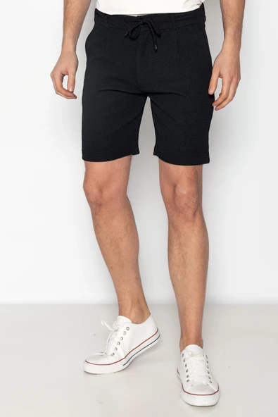 Erkek Relaxed Fit Pileli Bağcıklı Fermuarlı Bürümcük Kumaş Rahat Şort - 2