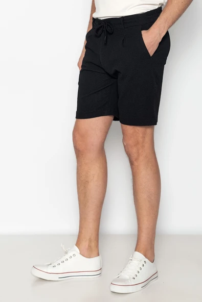 Erkek Relaxed Fit Pileli Bağcıklı Fermuarlı Bürümcük Kumaş Rahat Şort - 4
