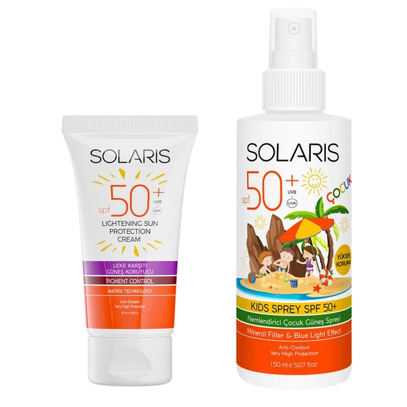 Solaris Güneş Kremi Leke Karşıtı SPF 50+ (50 ml) ve Çocuk Güneş Kremi Sprey SPF 50+ Yüksek Koruma (150 ml)