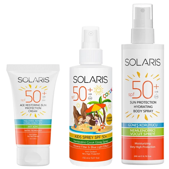 Solaris Güneş Kremi Yaşlanma Karşıtı Spf 50+ Ve Çocuk Güneş Kremi Sprey Spf 50+ Ve Güneş Koruyucu Krem Sprey