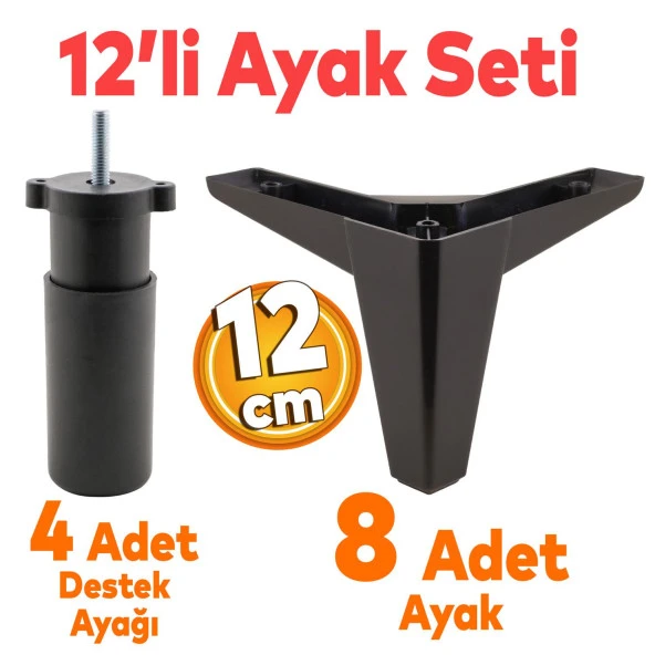 Sedir 12'li Set Mobilya Tv Ünitesi Çekyat Koltuk Kanepe Destek Ayağı 12 Cm Siyah Baza Ayakları