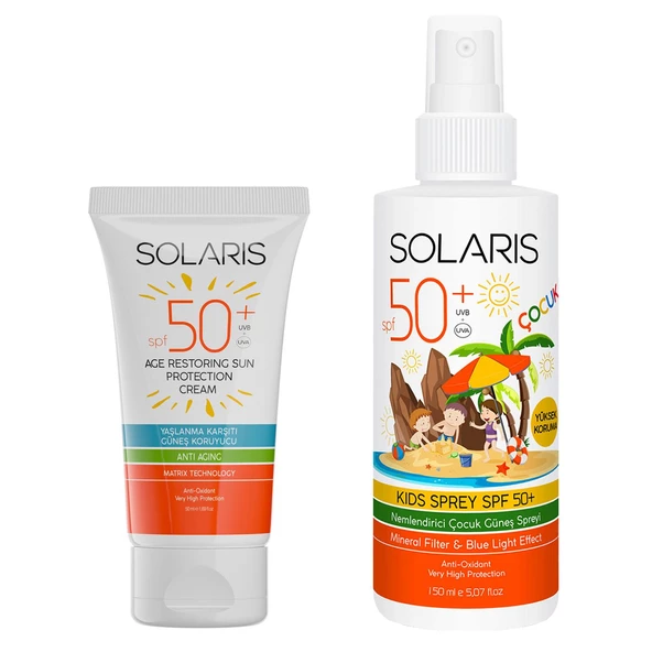 Tüm Ciltler İçin Yaşlanma Karşıtı Güneş Kremi SPF 50+ (50 ml) Ve Çocuk Güneş Kremi Sprey SPF 50+