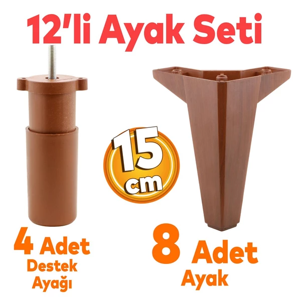 Sedir 12'li Set Mobilya Tv Ünitesi Çekyat Koltuk Kanepe Destek Ayağı 15 Cm Kahverengi Baza Ayakları - 4