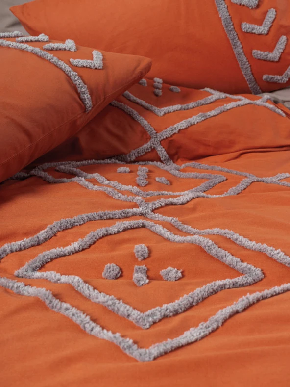 Cotton Box Puff Nakışlı Çift Kişilik Nevresim Takımı Liya Kiremit-Bej - Resim 2