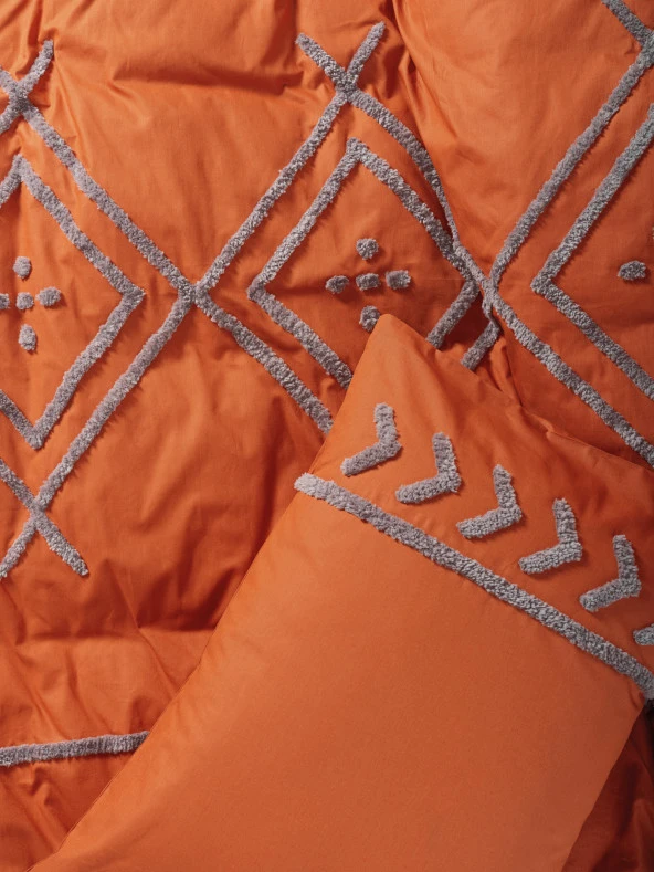 Cotton Box Puff Nakışlı Çift Kişilik Nevresim Takımı Liya Kiremit-Bej - Resim 3