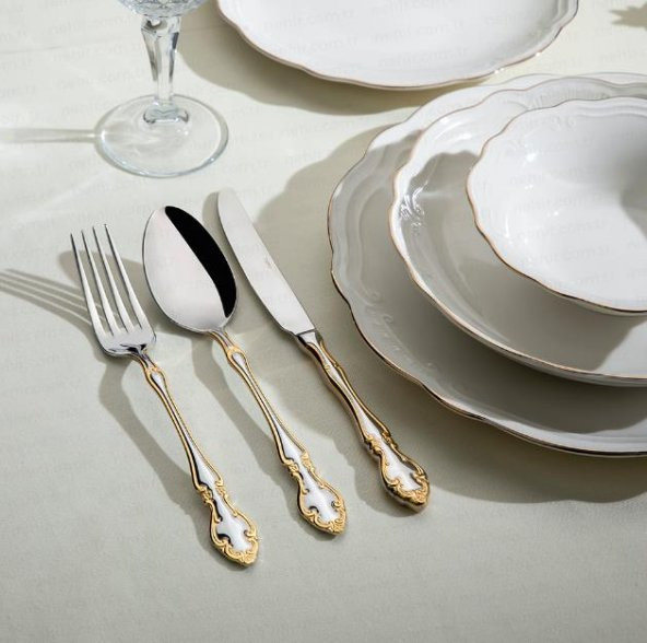 Nehir Adriana Altın 89 Parça Kutulu 12 Kişilik Çatal Kaşık Seti