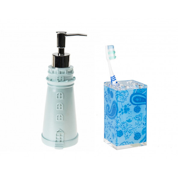 ZBOSP-C276 SIVI SABUNLUKDİŞ FIRÇALIK 2 Lİ BANYO SETİDENİZ FENERİ VE MAVİ ÇİÇEKLİ