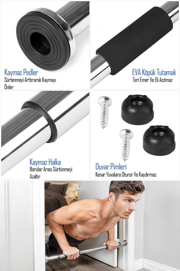 Kapı Barfiksi Süngerli Krom Koridor Barfix Aleti Demiri Şınav Çubuğu Chin Up Pull Up Demiri 80-130cm - 2