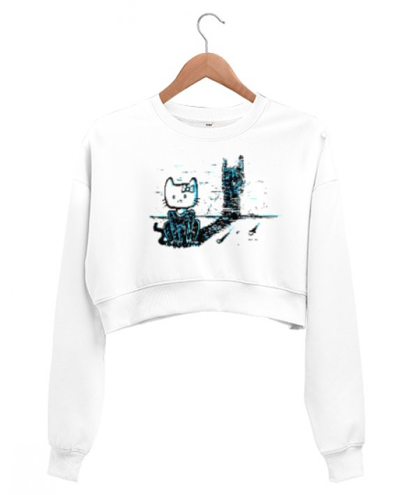 Rock Cat - Rock N Roll Kedi Beyaz Kadın Crop Sweatshirt