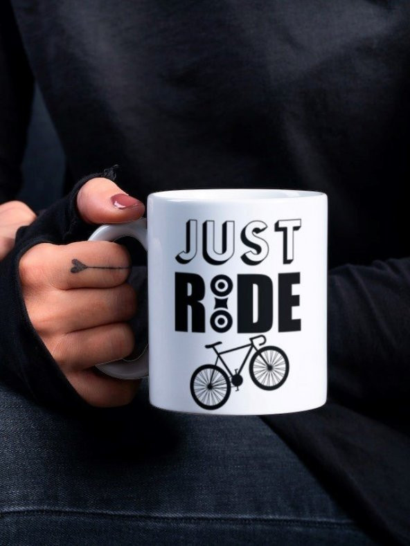 Just Ride Yazılı Bisiklet Temalı Özel Tasarım Baskılı Kupa Bardak Hediye Çay-Kahve Bardağı