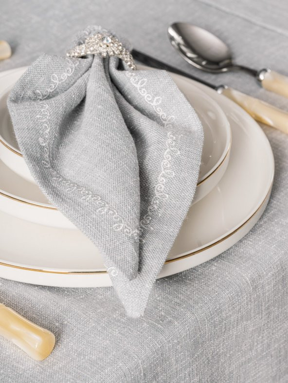 Cotton Box Keten Masa Örtüsü Takımı Pera Gri 175x240 - 5