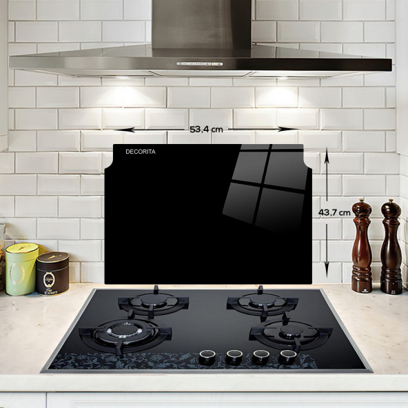 Decorita Cam Ocak Arkası Koruyucu - Şekilli Cam - Düz Renk Siyah - 43.7cm x 53.4cm - 2