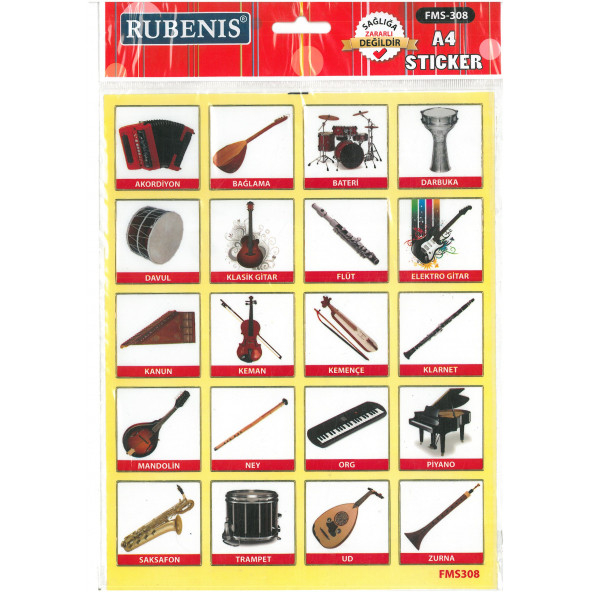 müzik aletleri sticker A4 ebatında her resim 4x4 cm 20 resim