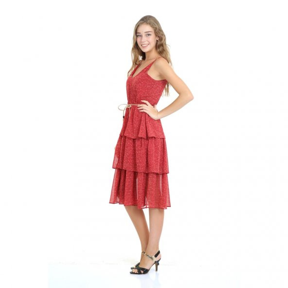 Ebruli Romantik Elbise Kırmızı Çiçekli E0105