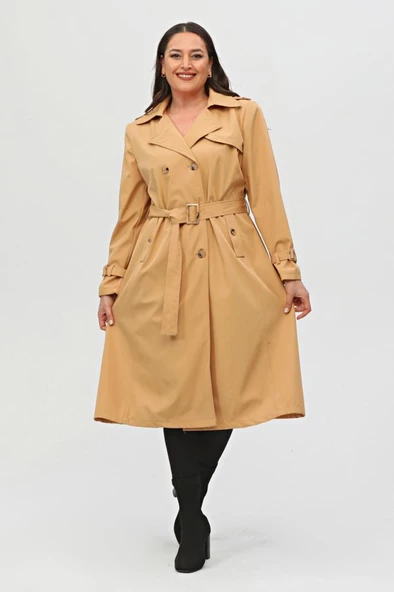 Uzun Büyük Beden Kadın Astarlı Trençkot - 7